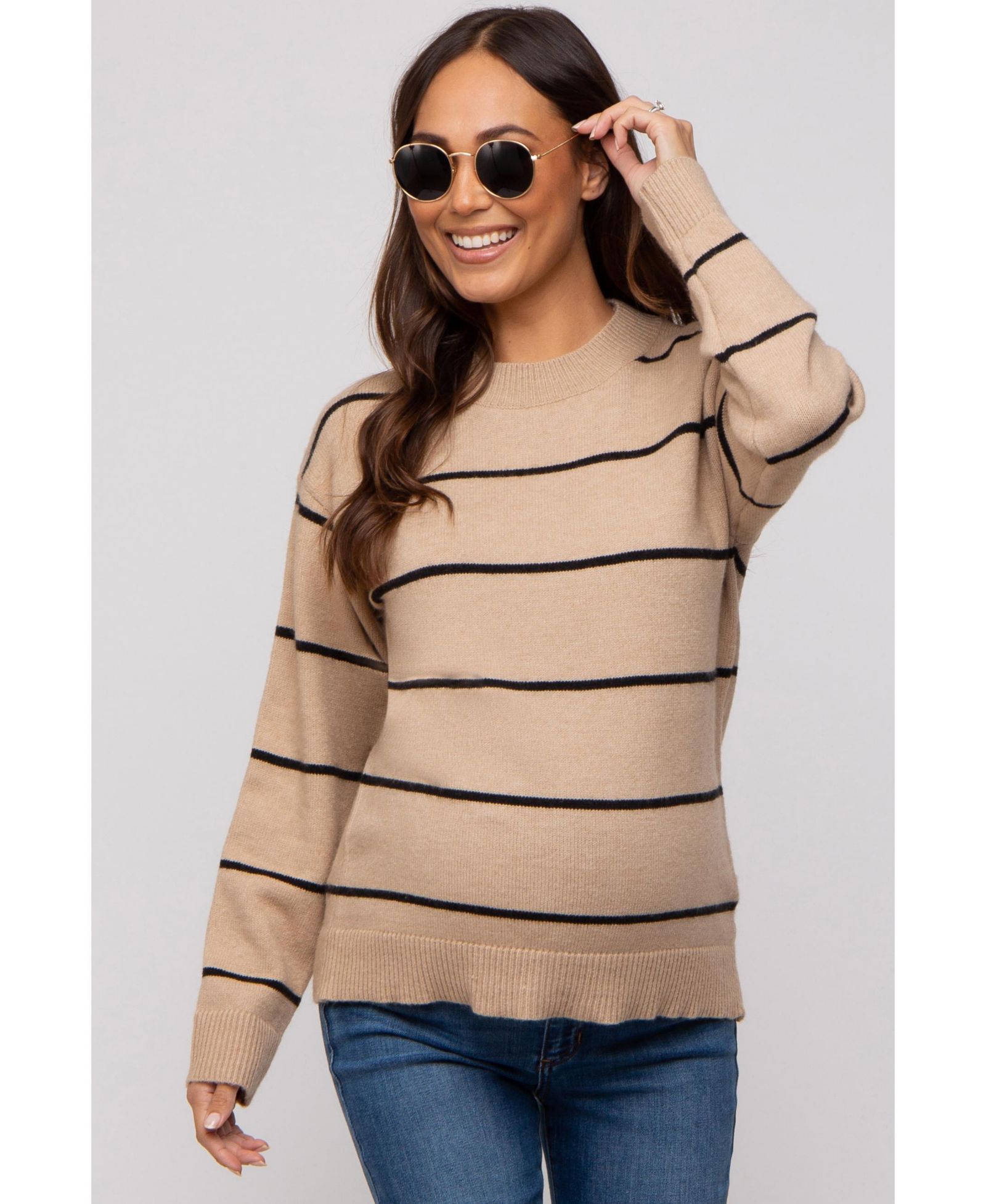 Pinkblush Maternity Mocha Striped Mock Neck Sweater