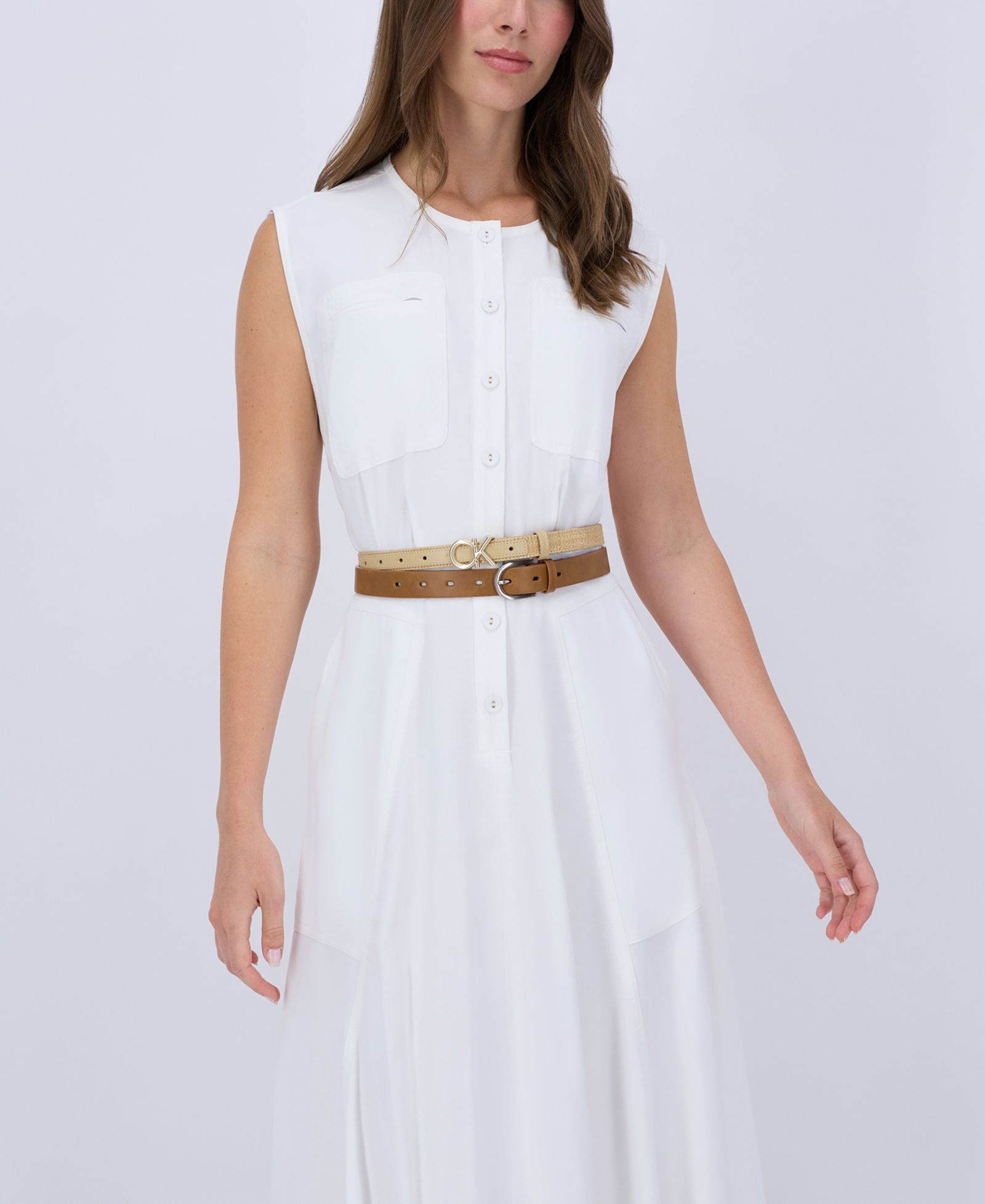 Calvin Klein Women's Two Pack Belt Set - Skinny Monogram Buckle Belt and Harness Buckle Belt Set