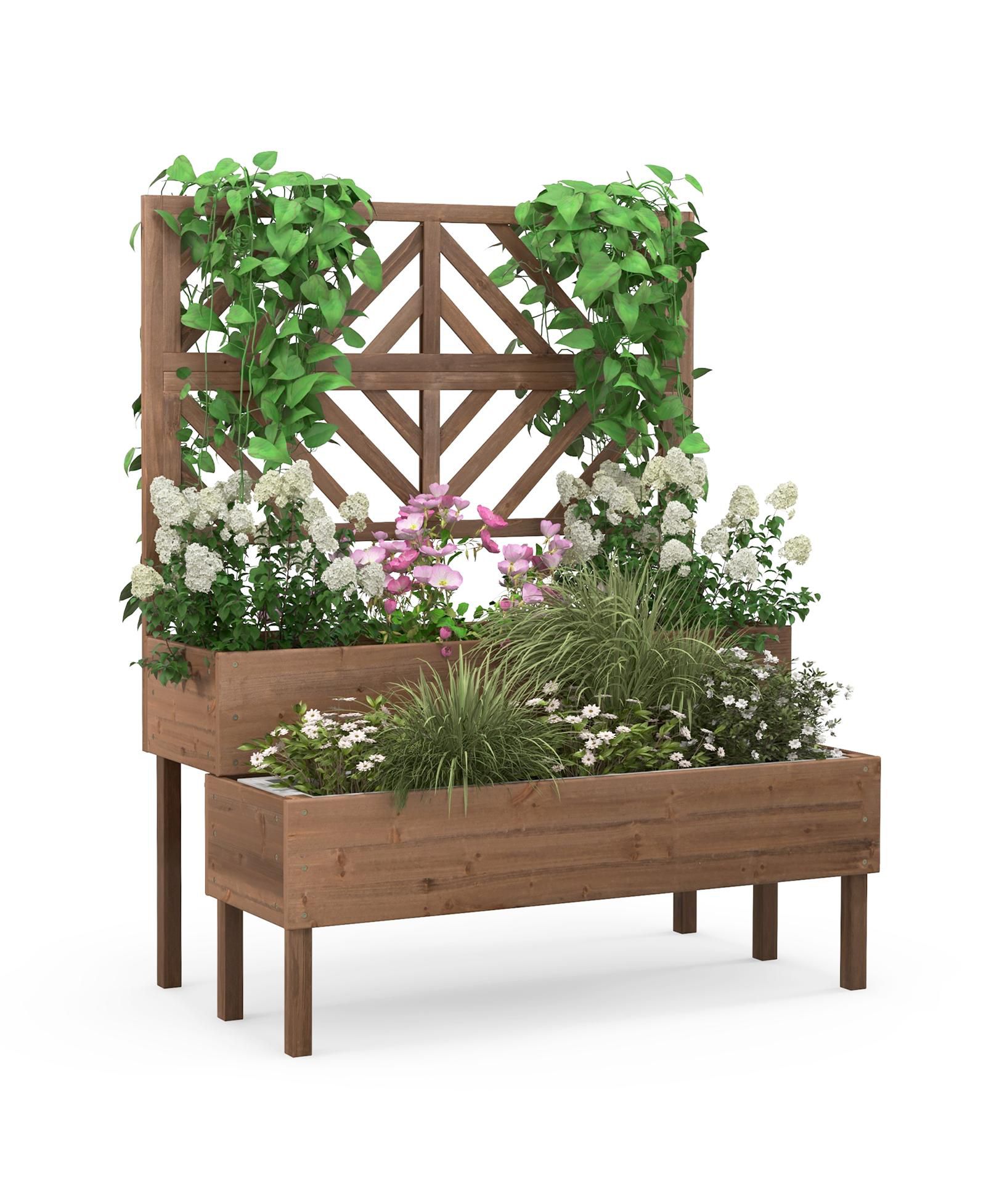 SUGIFT 2-Tier Raised Garden Bed with Trellis-Brown