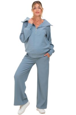 Pinkblush Women's Olive Ribbed Half Zip Pullover Wide Leg Pant Set