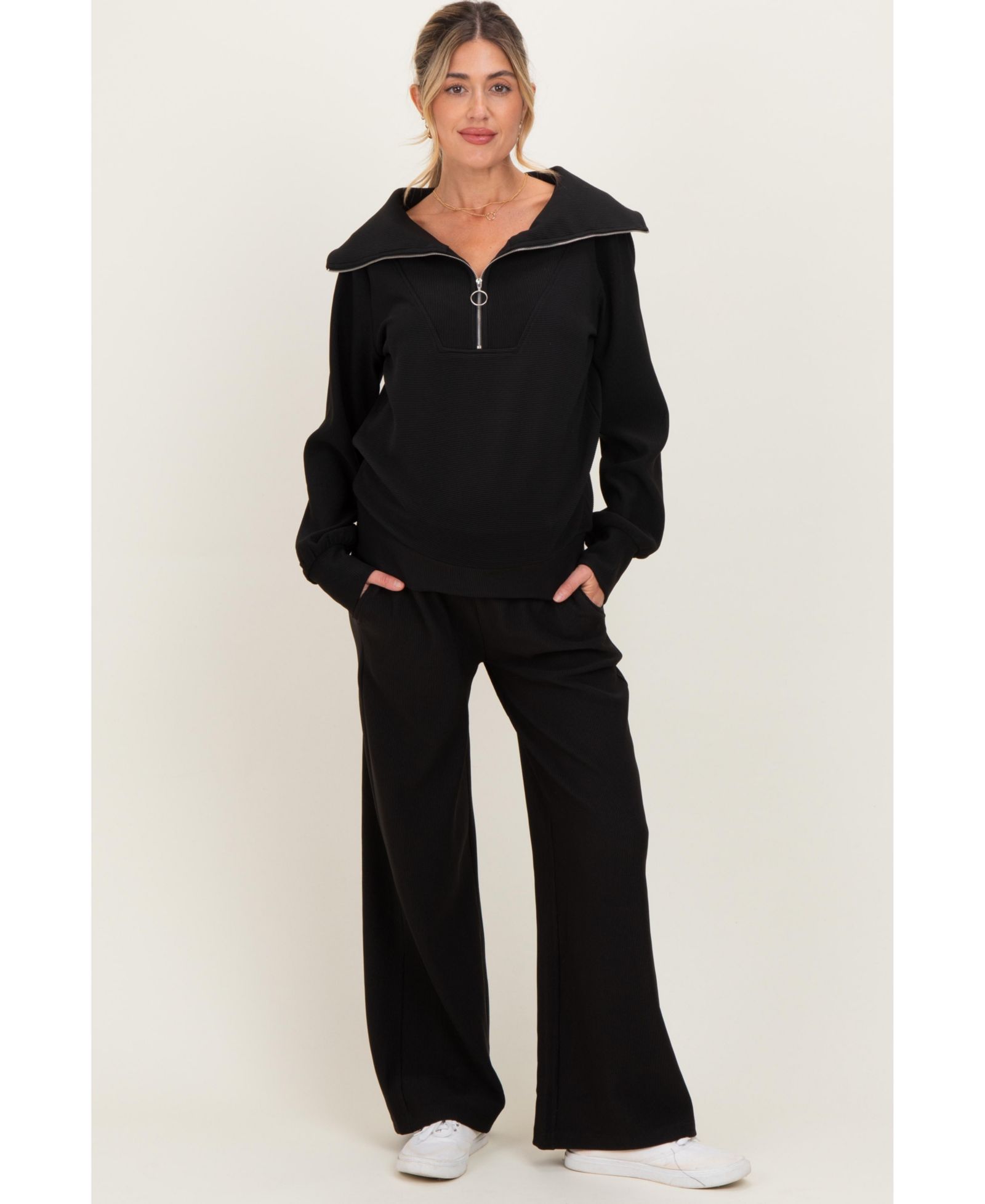 Pinkblush Women's Olive Ribbed Half Zip Pullover Wide Leg Pant Set