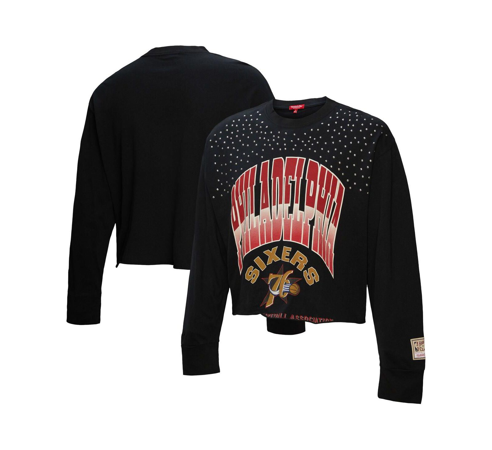Mitchell & Ness Women's Black Philadelphia 76ers Hardwood Classics Studded Boxy Cropped Long Sleeve T-Shirt