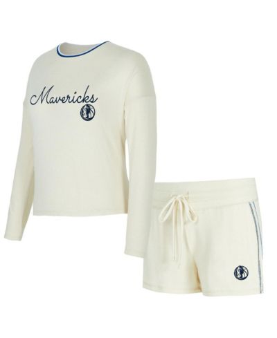 Concepts Sport Women's 2-Piece Cream Dallas Mavericks Kaki Hacci Knit Long Sleeve Top and Shorts Set