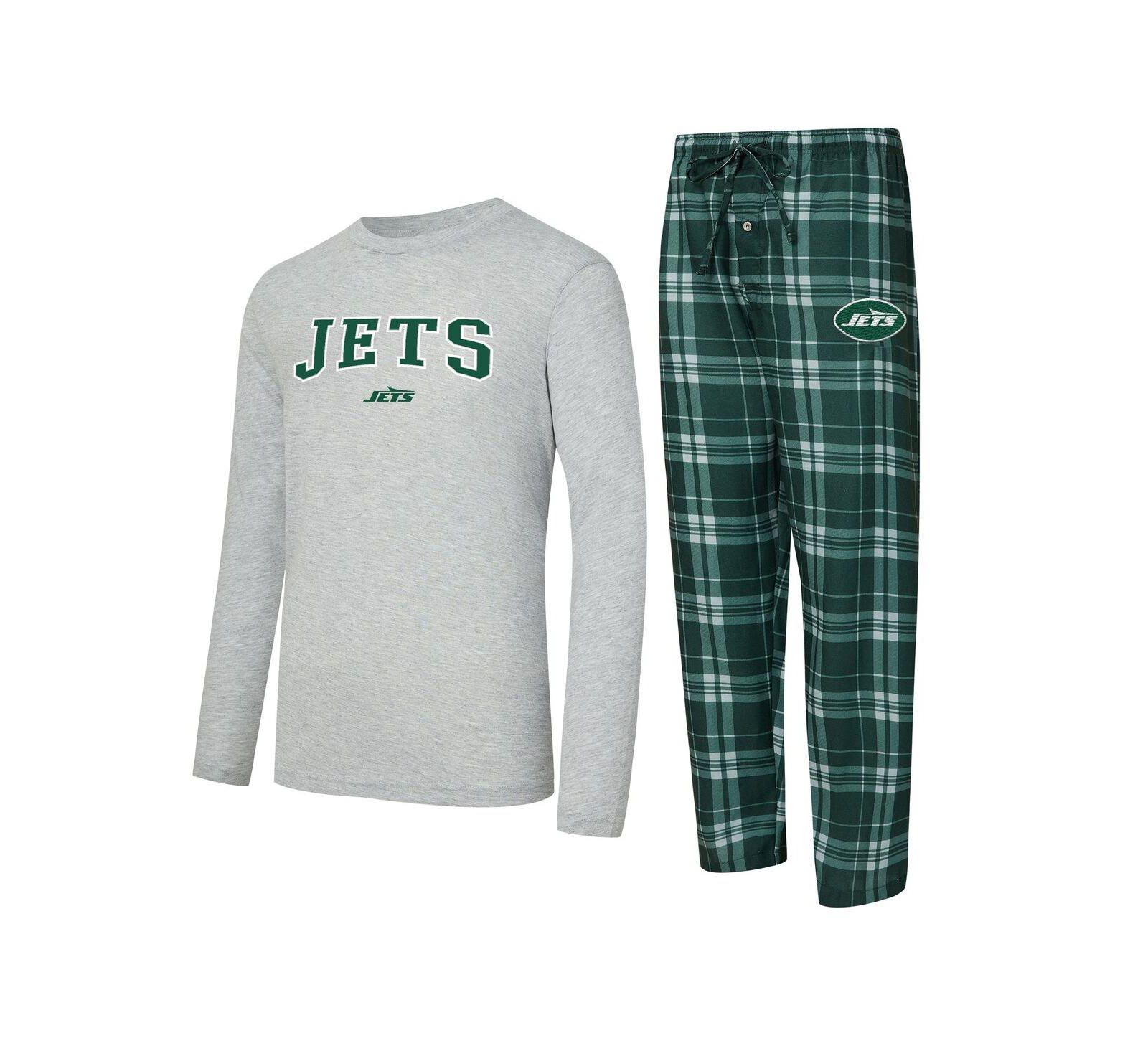 Мужской комплект Concepts Sport 2-Piece Green/Gray New York Jets Regulate Long Sleeve T-Shirt and Plaid Pants