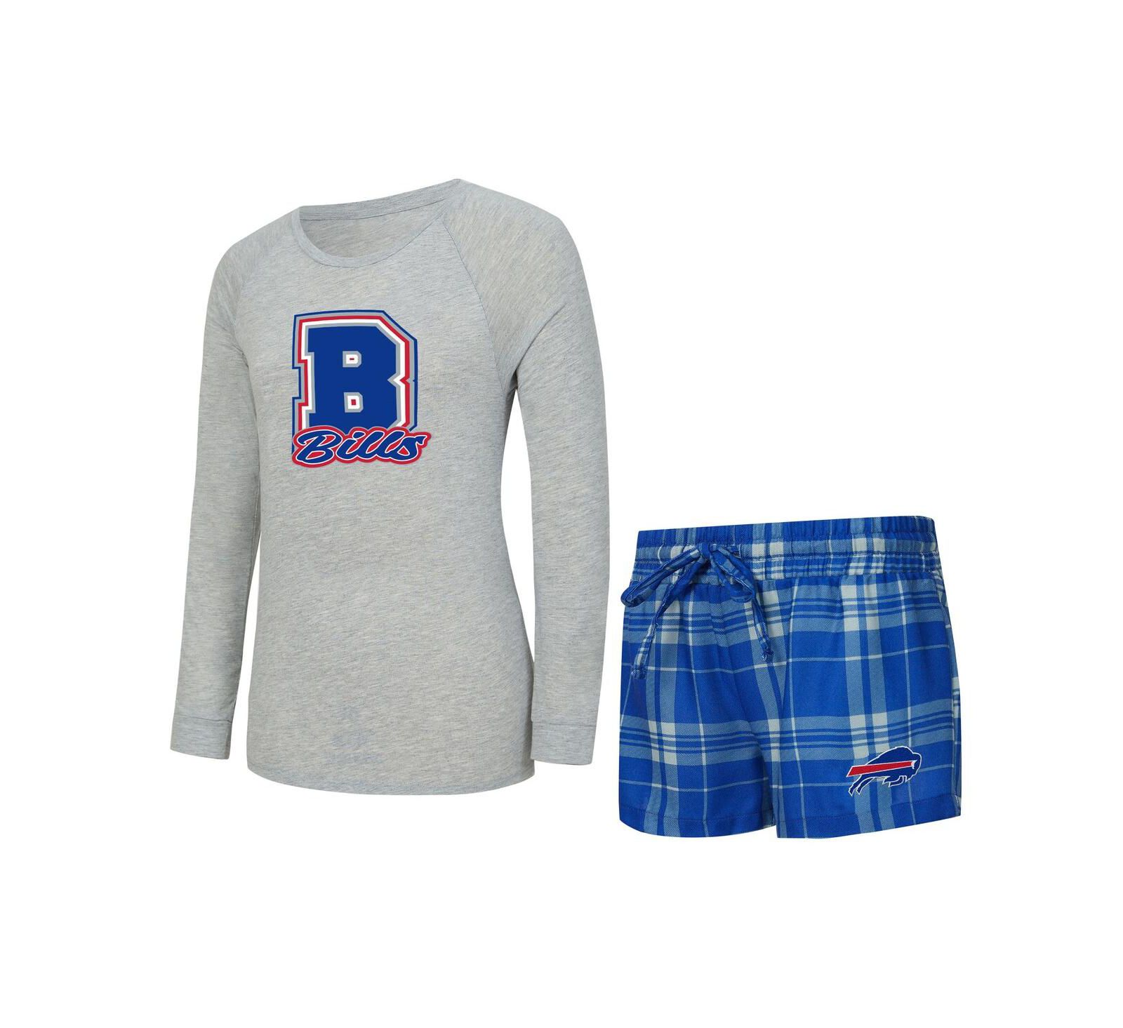 Concepts Sport Women's 2-Piece Heather Gray/Royal Buffalo Bills Regulate Plaid Long-Sleeve T-Shirt and Shorts Sleep Set