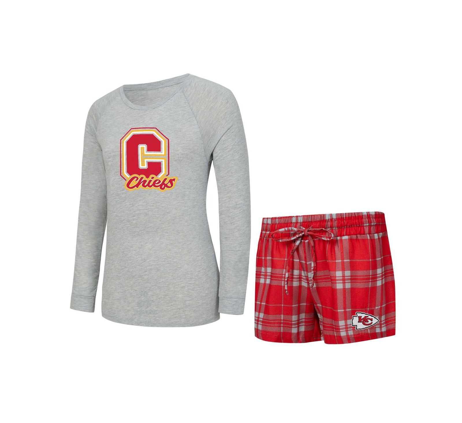 Женский комплект Concepts Sport 2-Piece Heather Gray/Red Kansas City Chiefs Regulate Plaid Long-Sleeve T-Shirt and Shorts Sleep Set