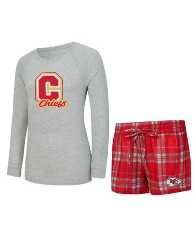 Женский комплект Concepts Sport 2-Piece Heather Gray/Red Kansas City Chiefs Regulate Plaid Long-Sleeve T-Shirt and Shorts Sleep Set