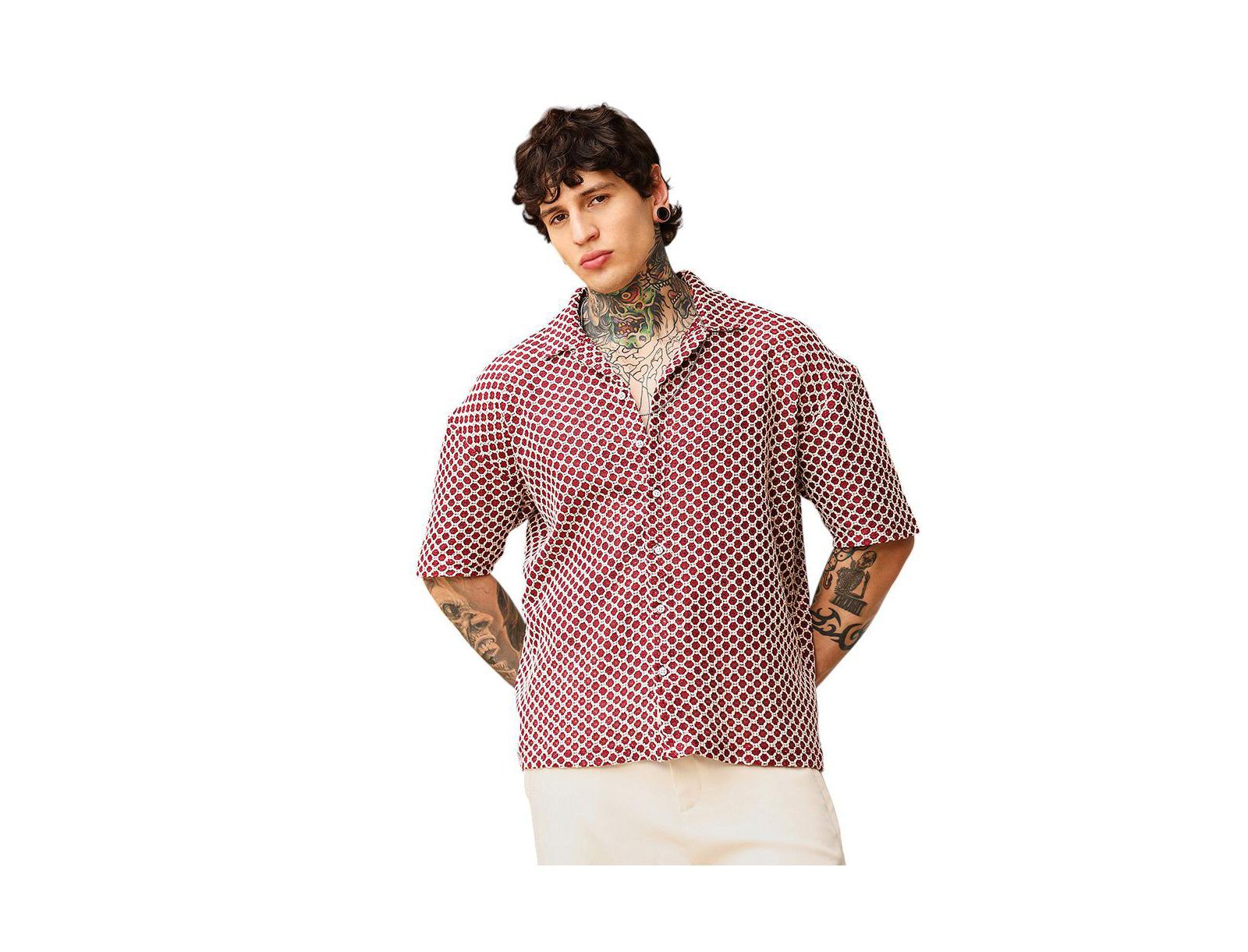 Мужская рубашка Campus Sutra Crimson Red Geometric-Crochet Cuban Oversized