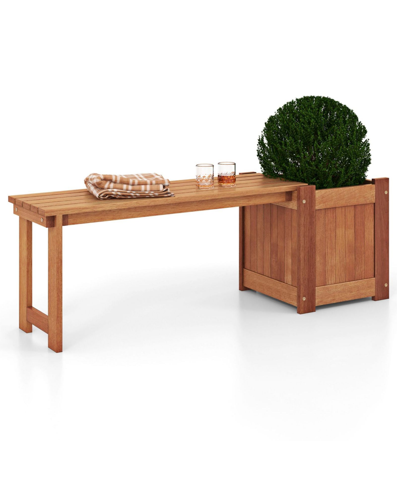 SUGIFT Teak Oil Finish Raised Garden Bed Wood Planter Box with Bench