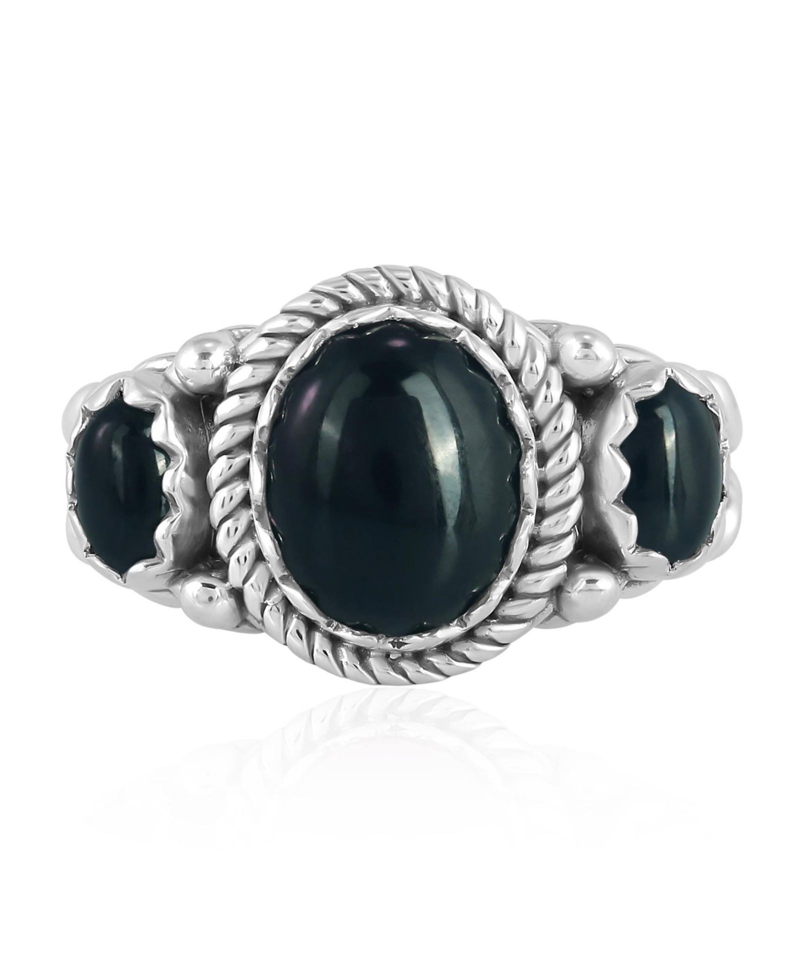 American West Jewelry Black Agate Sterling Silver 3-Stone Ring