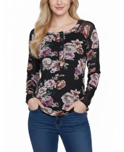 NY Collection Women's Long Raglan Sleeve Mesh Top
