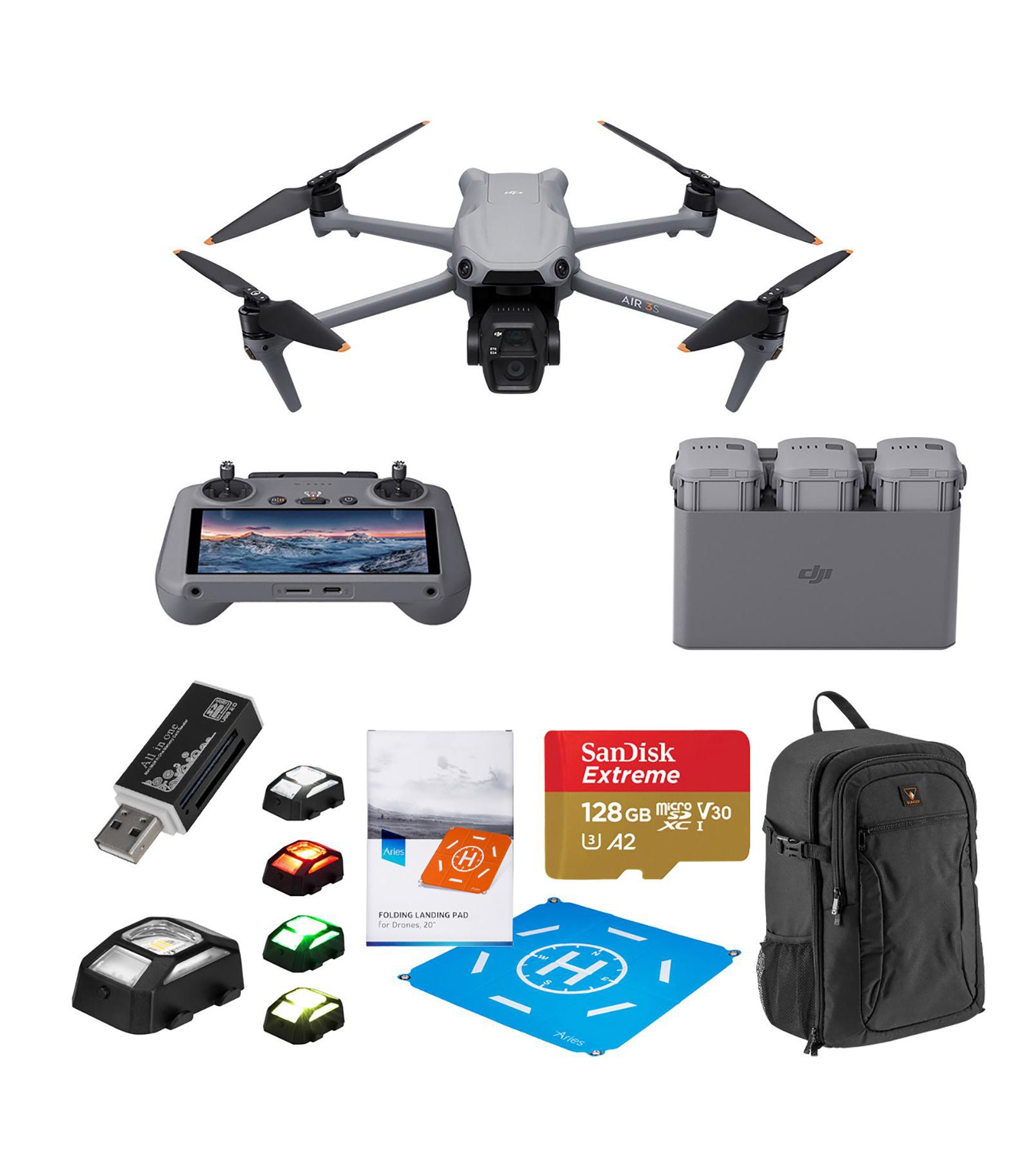 Дрон DJI Air 3S Fly More Combo с пультом управления RC 2, комплект с картой памяти 128GB, стробоскопом, многофункциональным картридером и посадочной площадкой Pro
