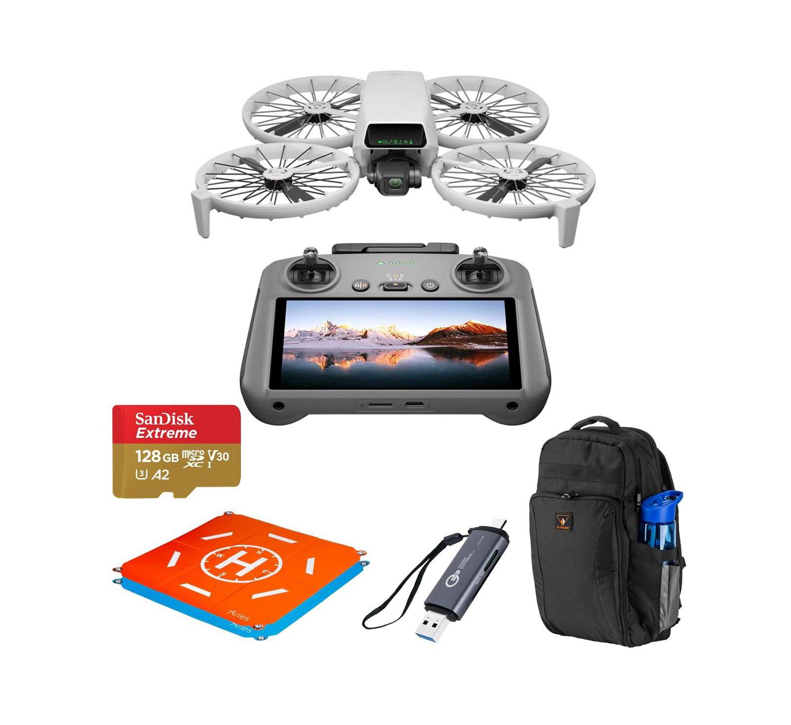 Дрон DJI Flip с пультом управления RC 2, комплект с картой памяти 128GB, рюкзаком, посадочной площадкой и картридером
