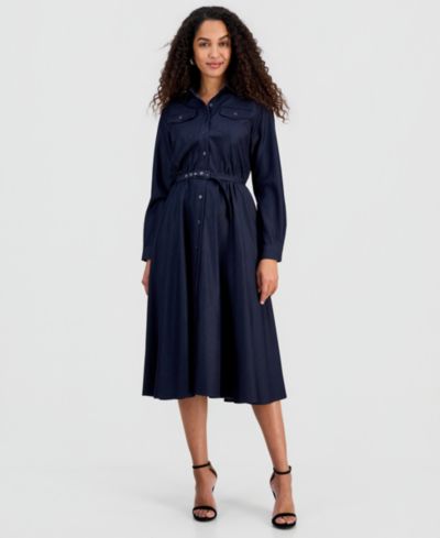 Женское платье T Tahari Belted Button Long-Sleeve Fit & Flare