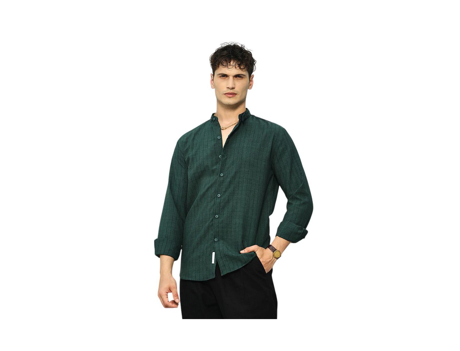 Campus Sutra Men's Emerald Green Pinstriped-Tactile Shirt