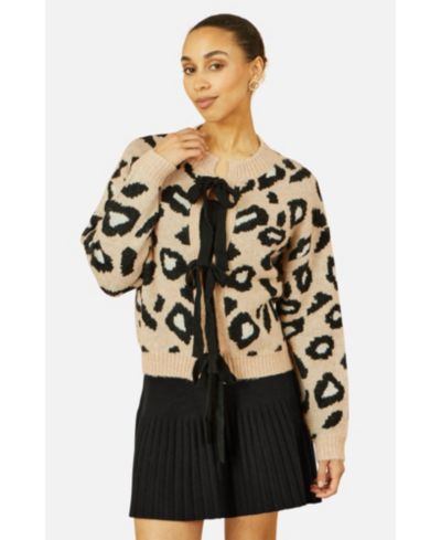 Yumi Women's Animal Print Intarsia Tie Front Cardigan