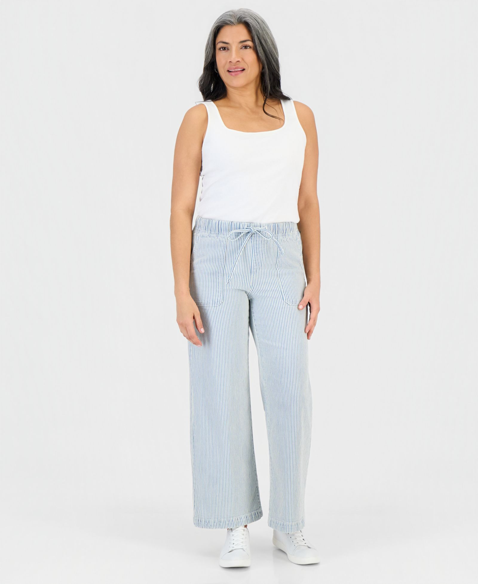 Style & Co Petite Engineer-Stripe Pull-On Wide-Leg Jeans, Macy's Exclusive