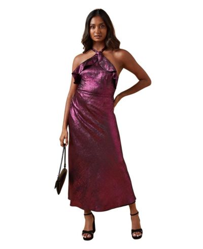 Oasis Women's Foil Halterneck Ruffle Foil Midaxi Dress