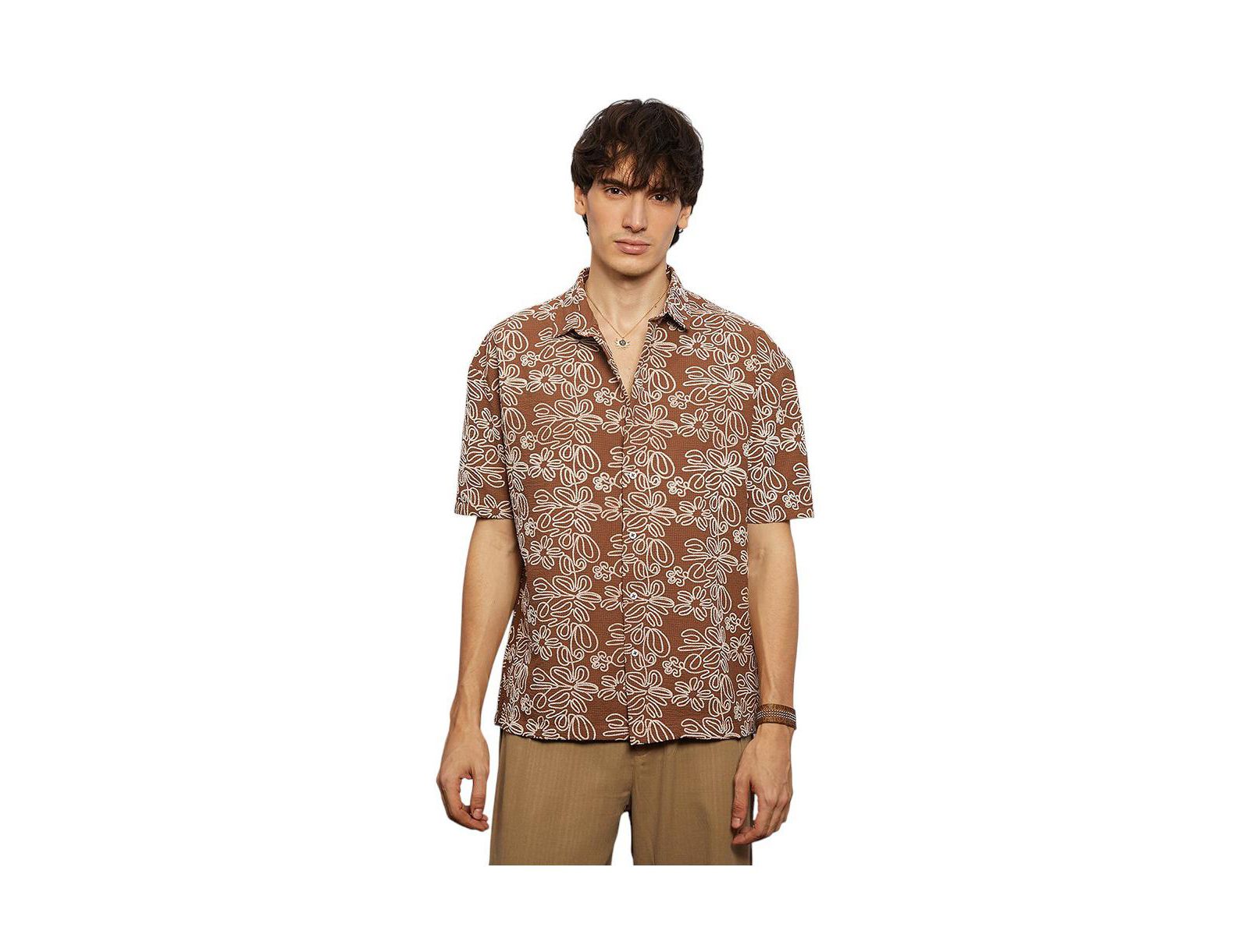 Cahoot Men's Campus Sutra Mocha Brown Floral-Lined Oversized Shirt