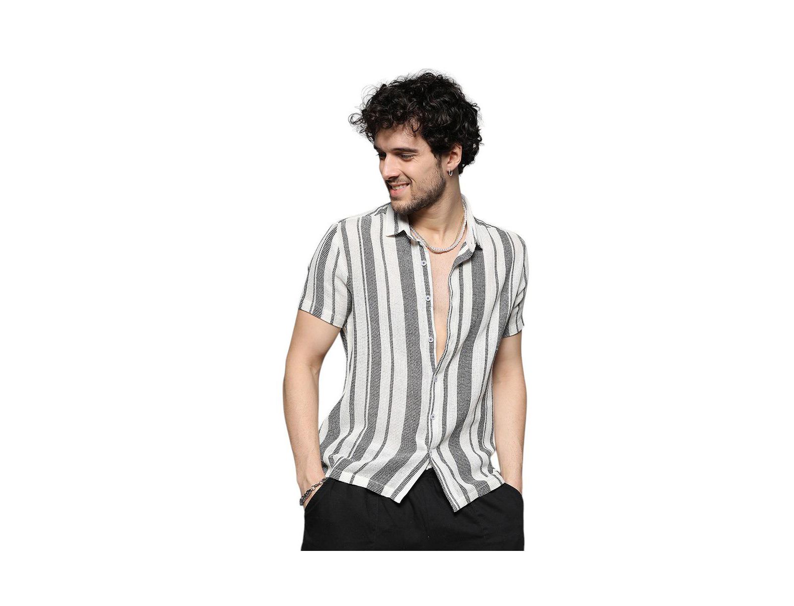 Cahoot Men's Campus Sutra White & Grey Unbalanced Striped Woven Shirt