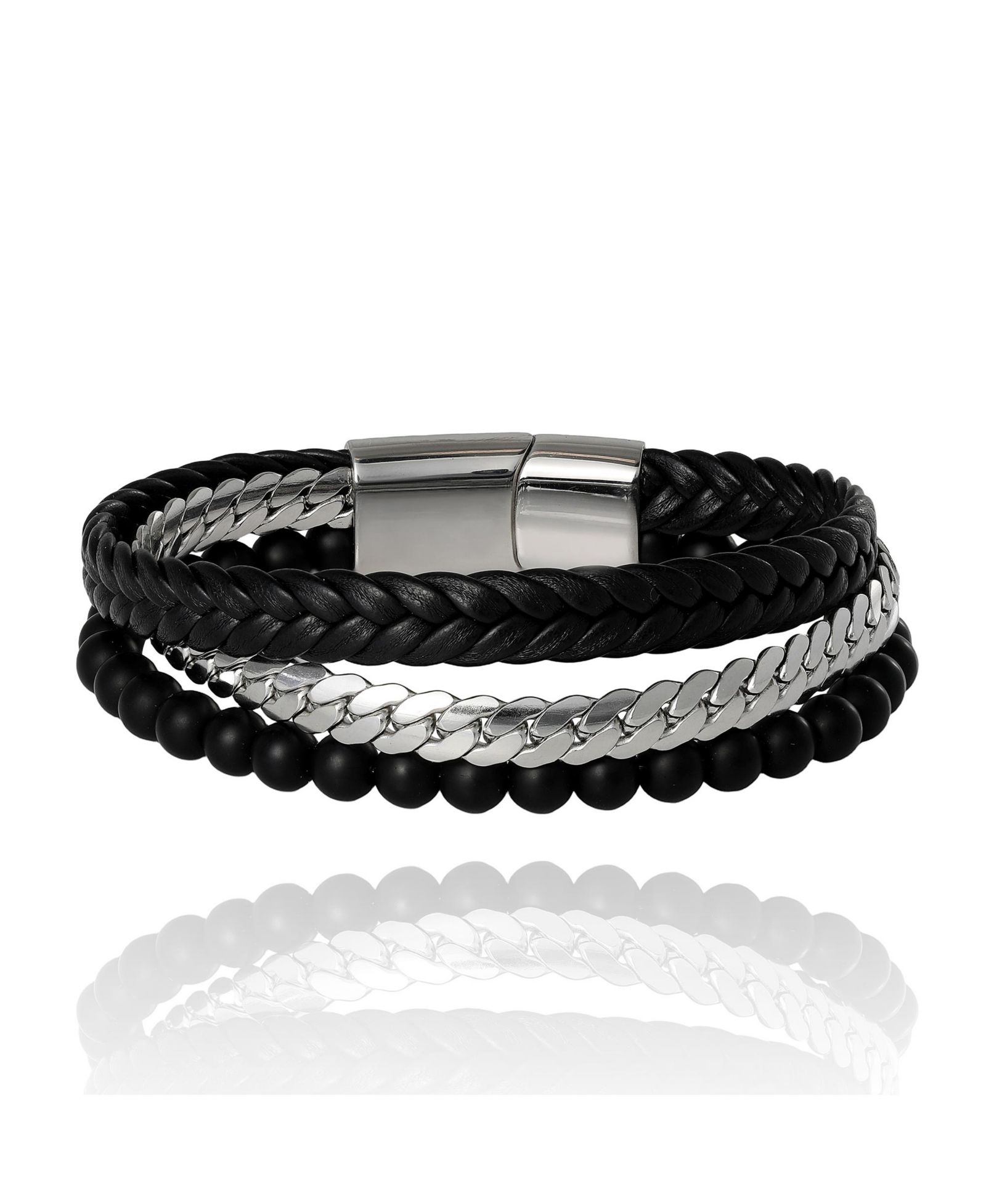 Lucky Brand Men’s 3-Row Chain and Bead Bracelet, Black, Magnetic Clasp - 8.5''