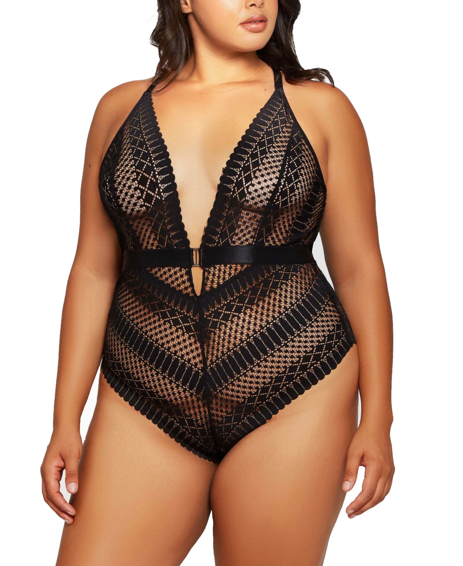 iCollection Plus Size Halter Lace Bodysuit with Open Back Lingerie