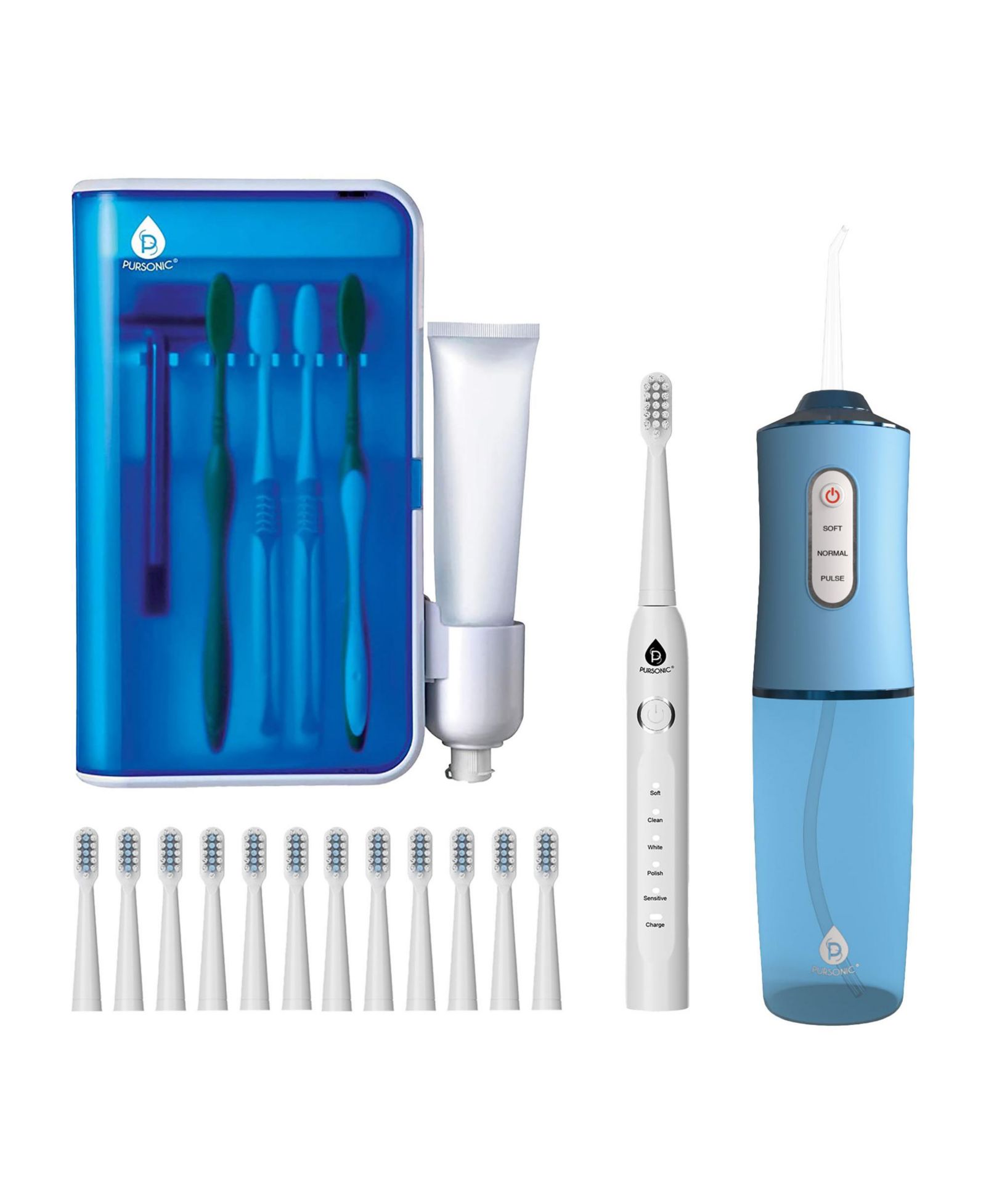 PURSONIC Complete Oral Care Bundle - USB Rechargeable Sonic Toothbrush, Water Flosser & UV Toothbrush Sanitizer