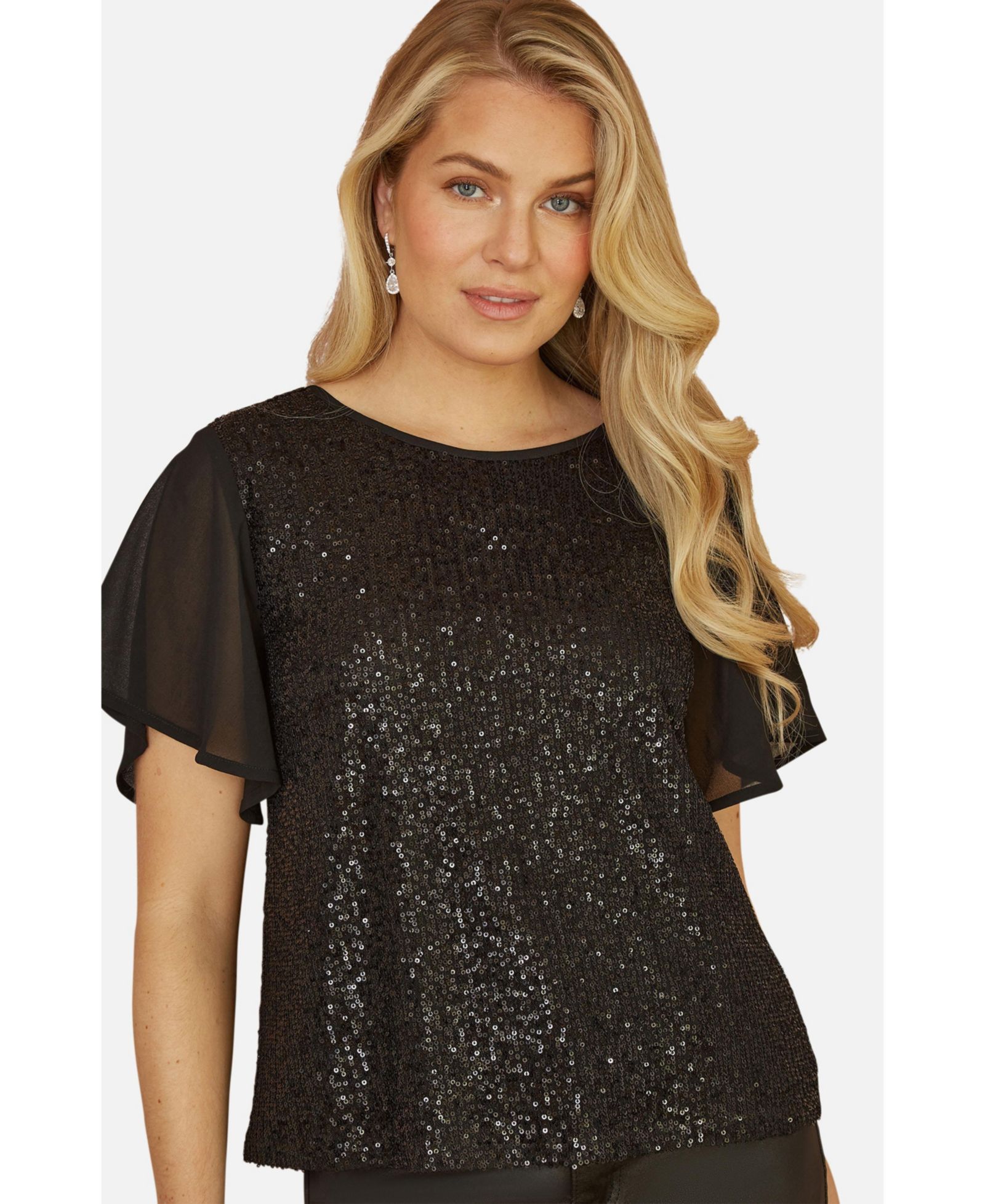 Yumi Women's Sheer Sleeve Sequin Top