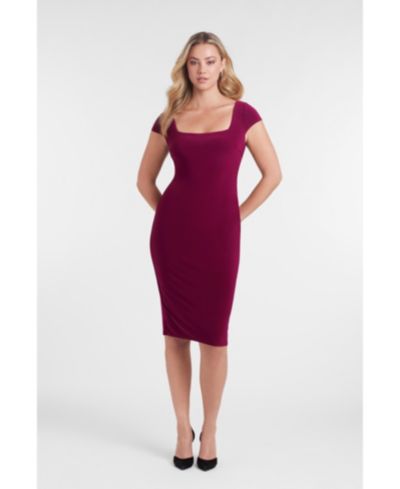S3 Apparel Women's Sculpting Shapewear Square Neck Cap Sleeve Solid Midi Dress