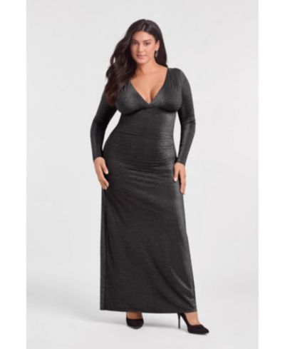 S3 Apparel Women's S3 Sculpting Shapewear Shirred V-Neck Long Sleeve Metallic Maxi Dress