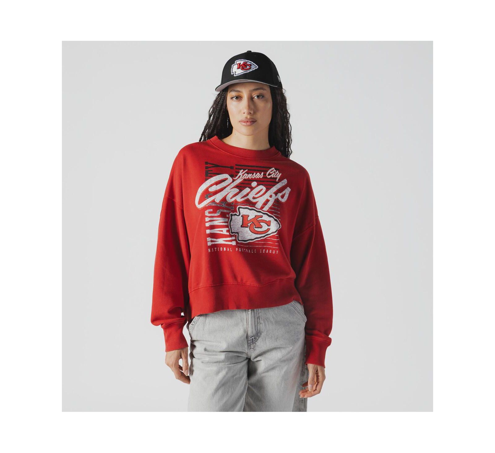 Women's Red Kansas City Chiefs Oversized Throwback Mineral Wash Crew Neck Sweatshirt