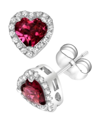 Серьги-гвоздики с гранатом Rhodolite (1 ct. t.w.) и бриллиантом (1/8 ct. t.w.) в белом золоте 14k