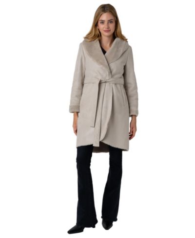 VIA SPIGA Women's BELTED SHAWL WRAP FAUX SHEARLING COAT