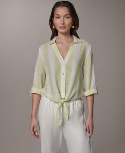 Женская льняная блузка Donna Karan Weekend с пуговицами и завязками