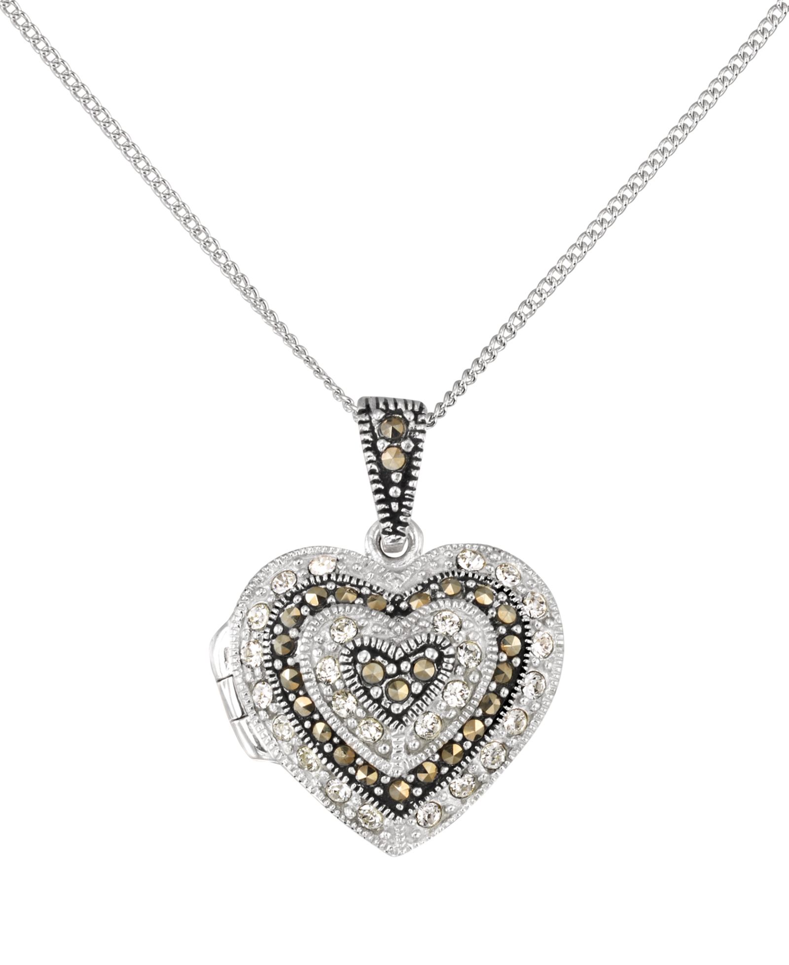 Macy's Marcasite и Crystal Heart Locket Pendant Necklace в Sterling Silver