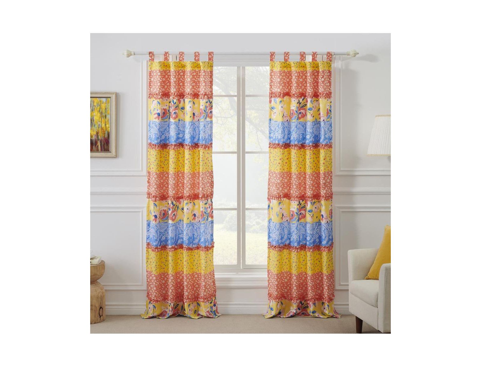 Greenland Home Skylar Ruffle-Embellished Curtain Panel Pair - Set of 2 - 42x84" and 3x24", Calico