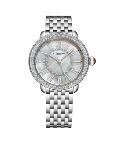 Stuhrling Regalia Women s 40mm Quartz Dress Watch - White Mother-of-Pearl Dial Crystal Bezel Stainless Steel Bracelet