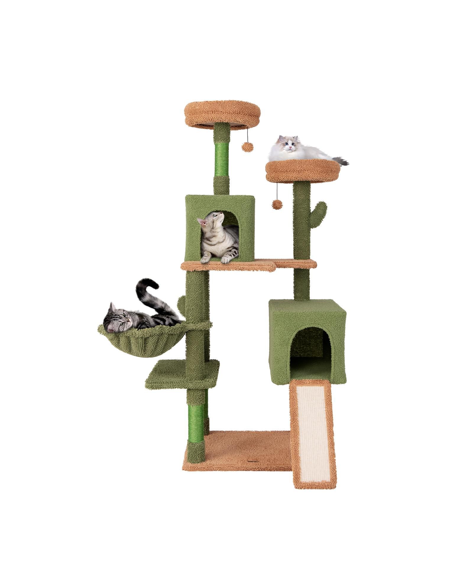 SKONYON Multi-level Cactus Cat Tree with Scratching Posts Ladder Double Condos and Toys Bed
