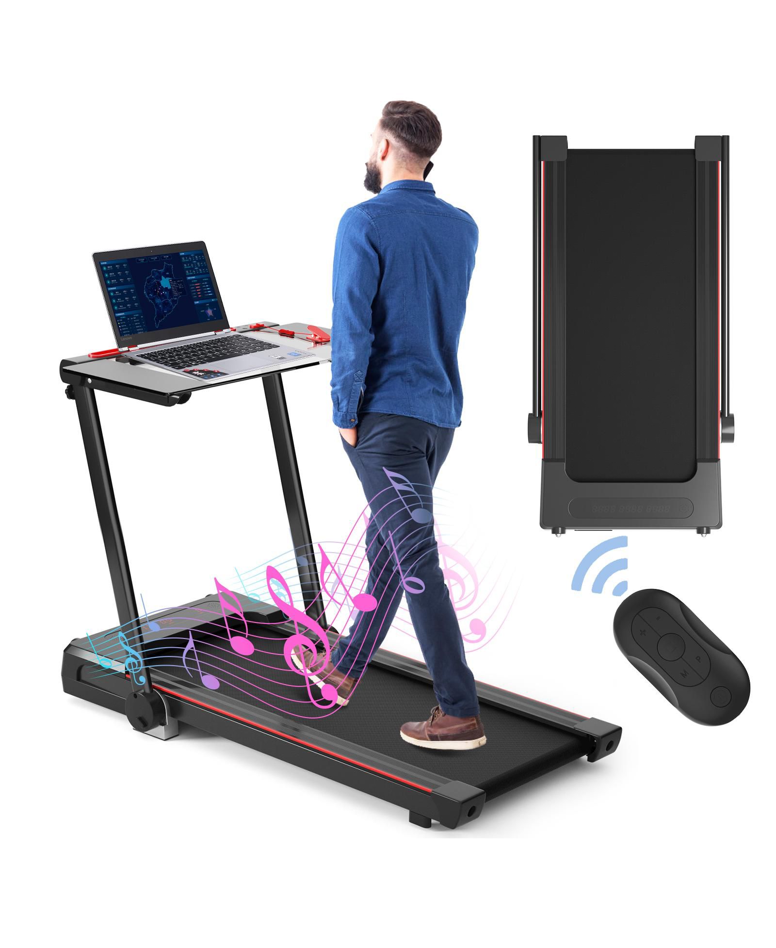 SKONYON 3-in-1 Folding Treadmill with Large Desk and LCD Display