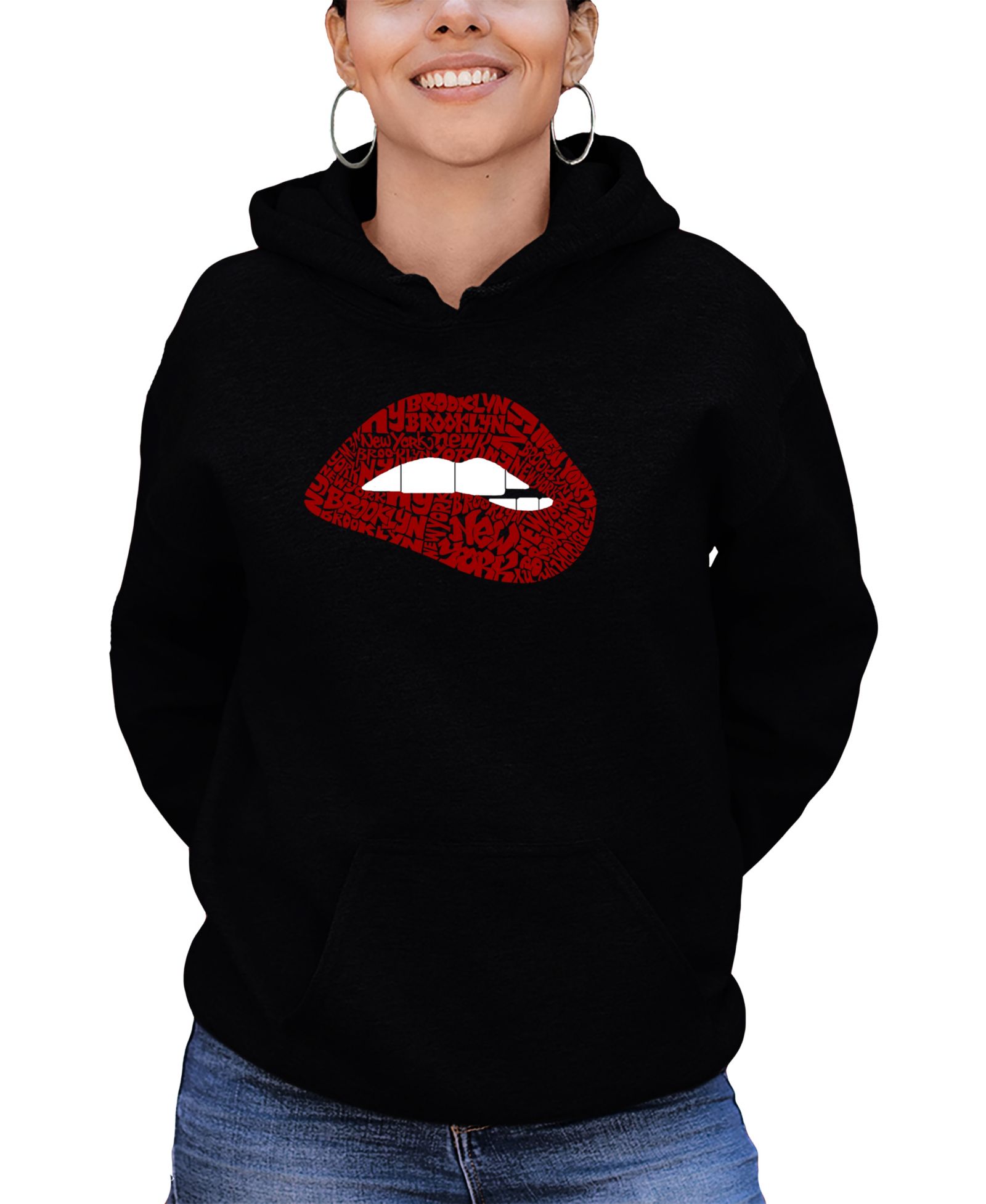 LA Pop Art Women's Brooklyn Lips Word Art Long-Sleeve Sweatshirt