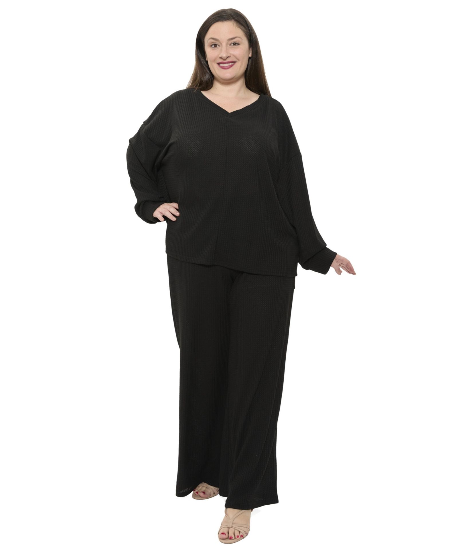 24seven Comfort Apparel Plus Size V-Neck Long-Sleeve Soft Waffle Knit Top and Pant Set