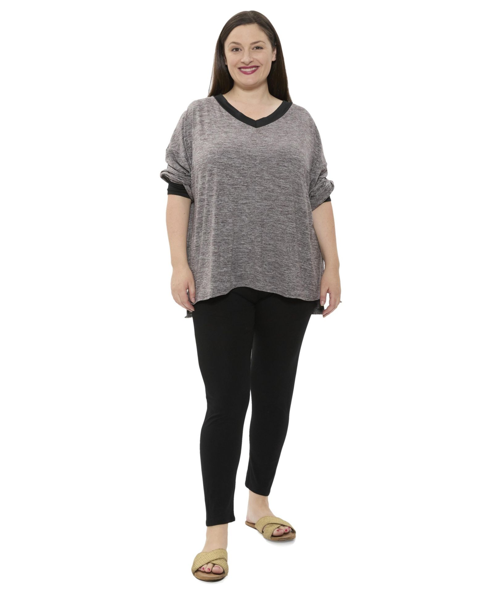 24seven Comfort Apparel Plus Size Two Tone V-Neck Long-Sleeve Top and Legging Set