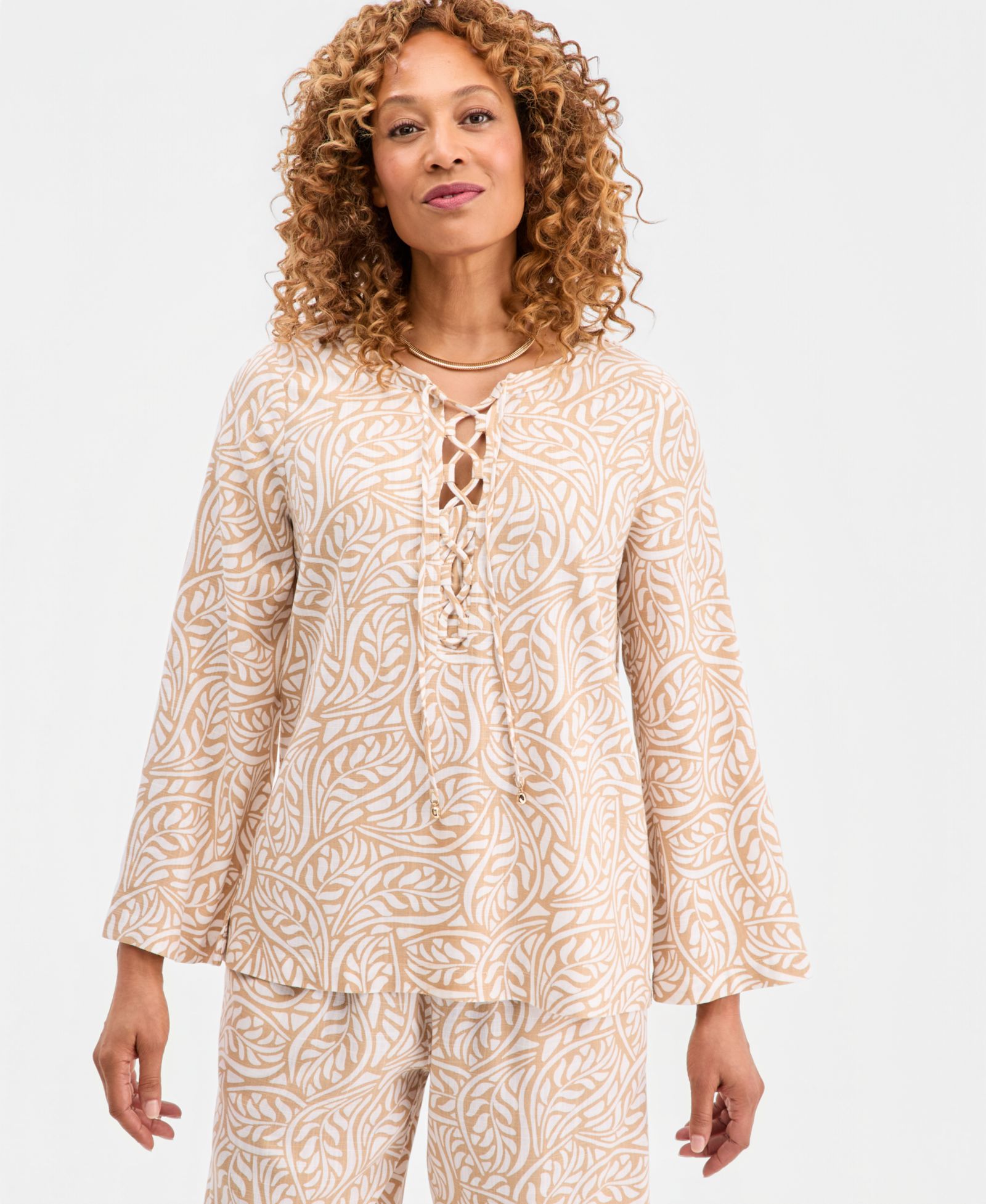 JM Collection Women's Printed Lace-Up Linen-Blend Top, Macy's Exclusive