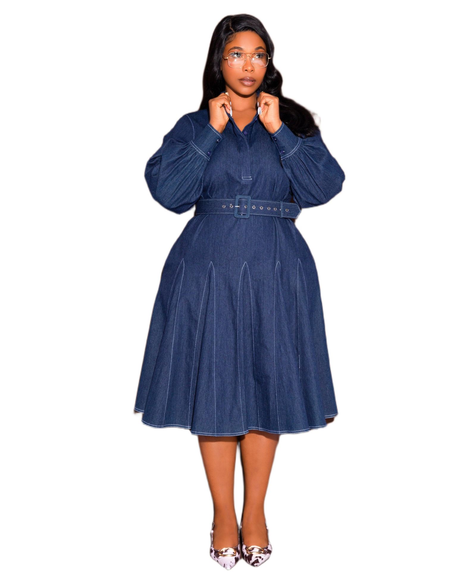Buxom Couture Plus Size Denim Belt Shirt Dress