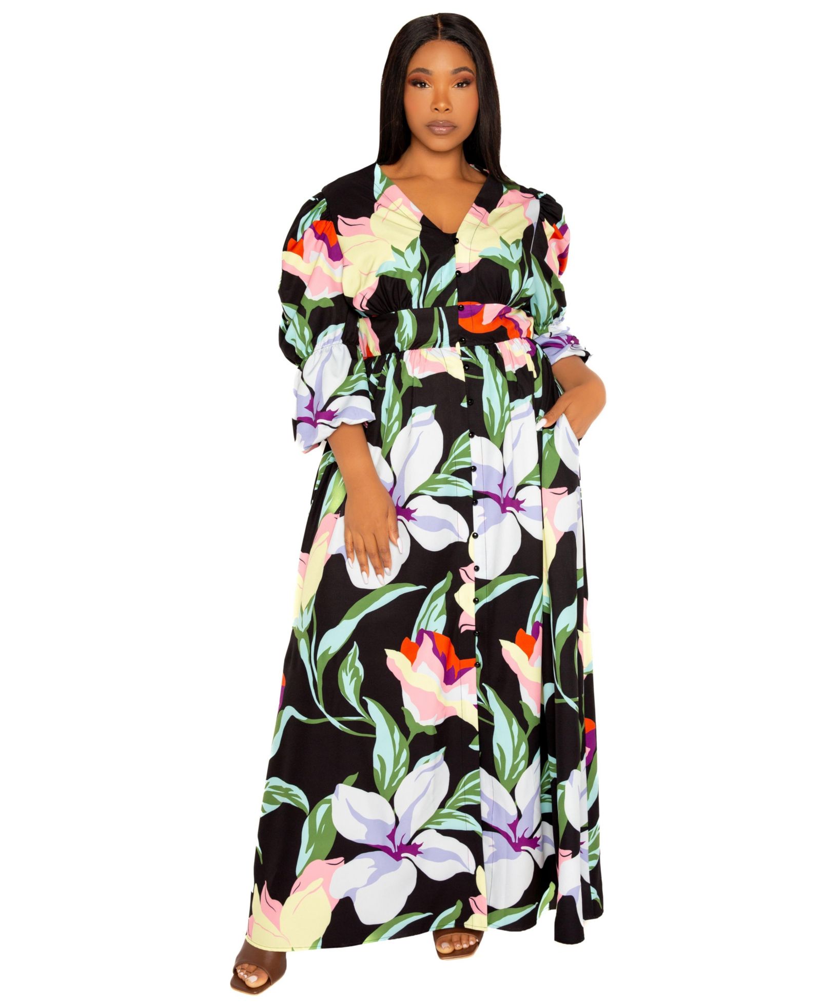 Buxom Couture Plus Size макси-платье с пышными рукавами и цветочным принтом