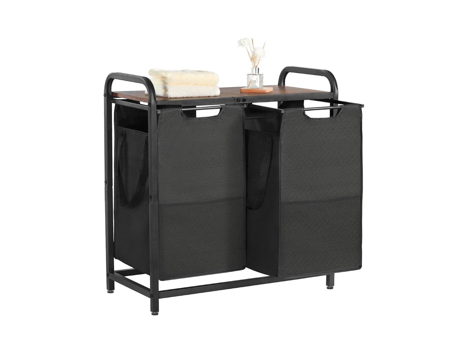 Slickblue 2-Section Laundry Sorter with Pull-Out Bags and Wooden Top