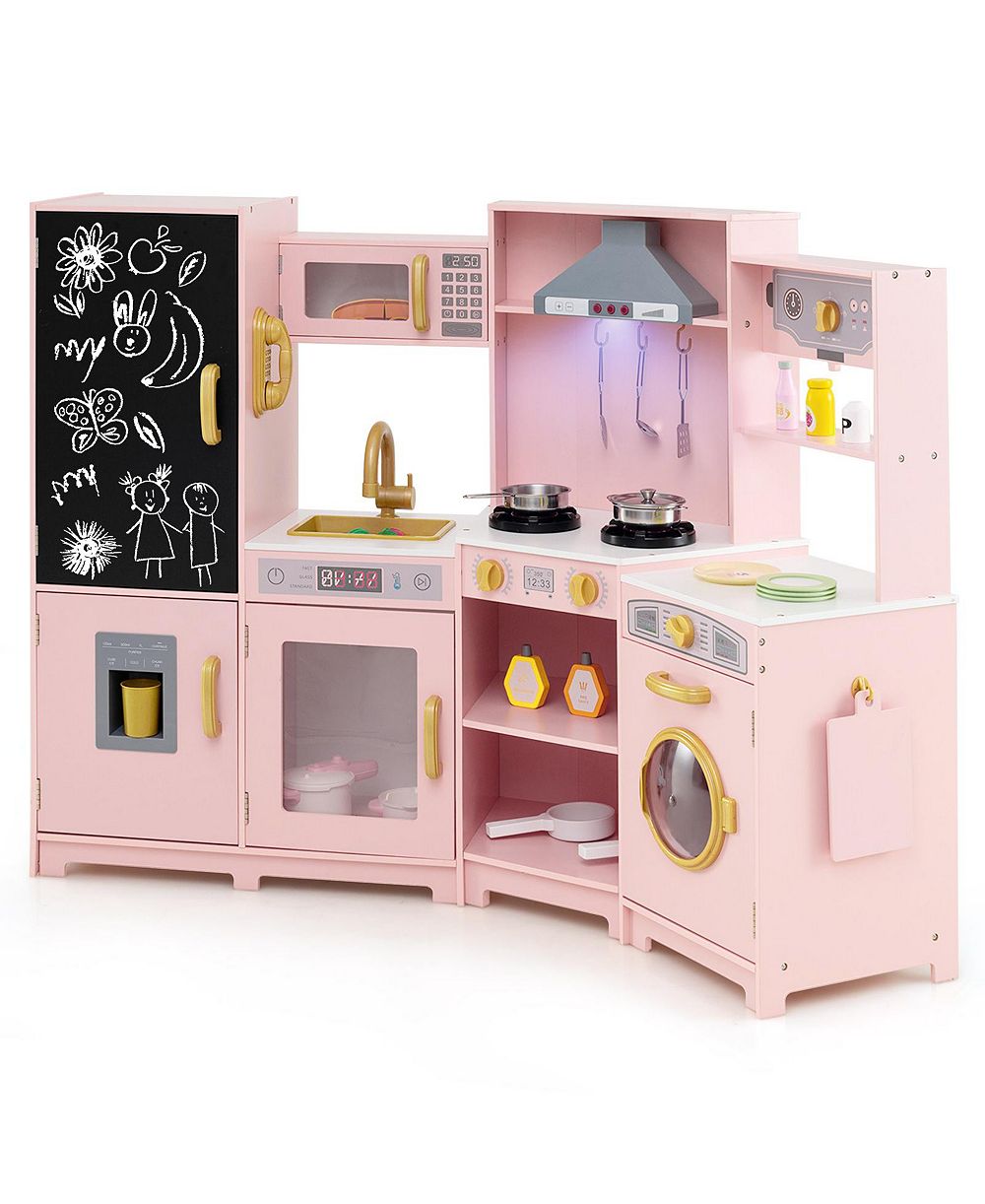 Gymax Corner Kids Play Kitchen Wooden Pretend Toy Kitchen with Realistic Lights