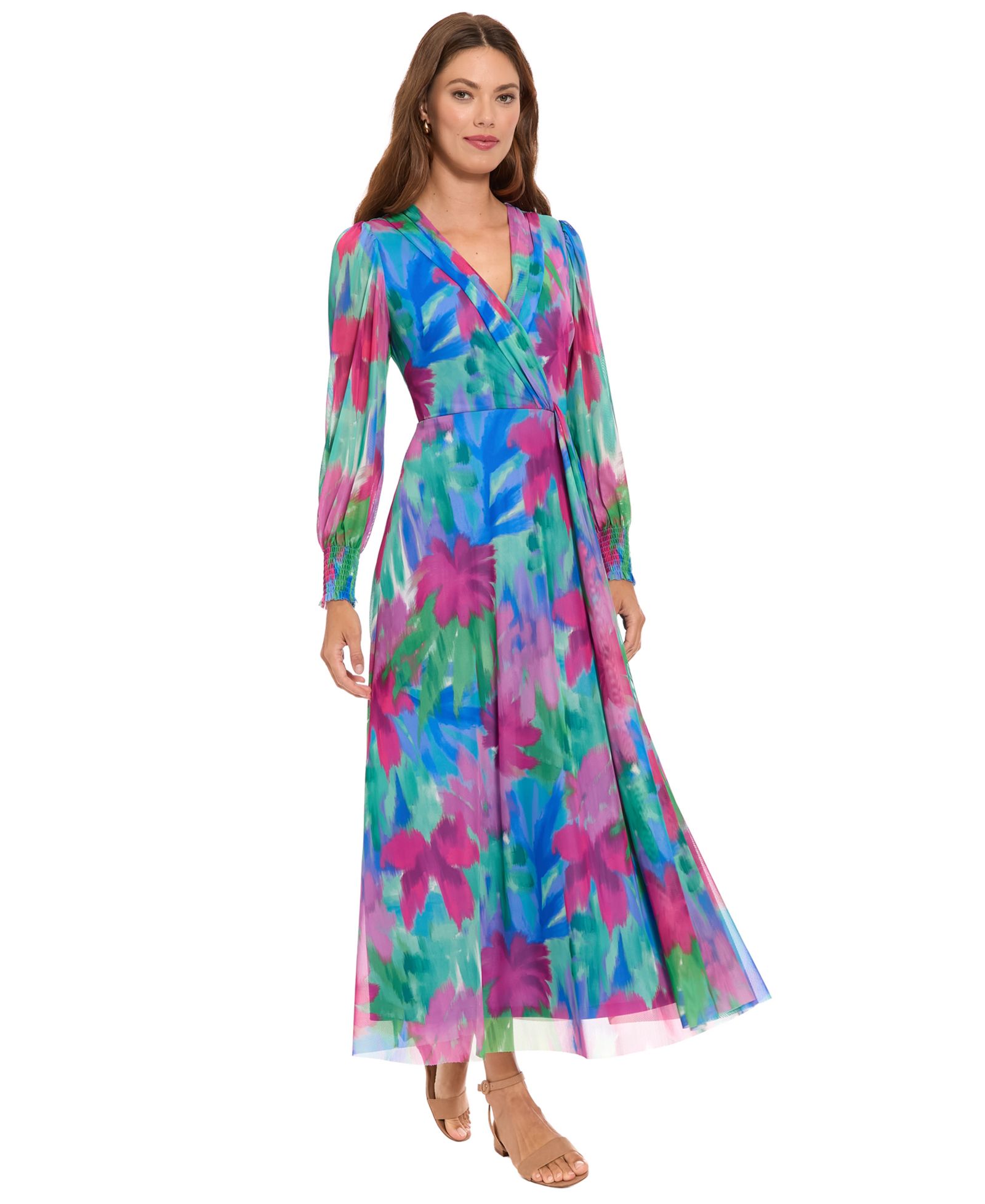 London Times Women's Shirred Surplice Bishop-Sleeve Maxi Dress