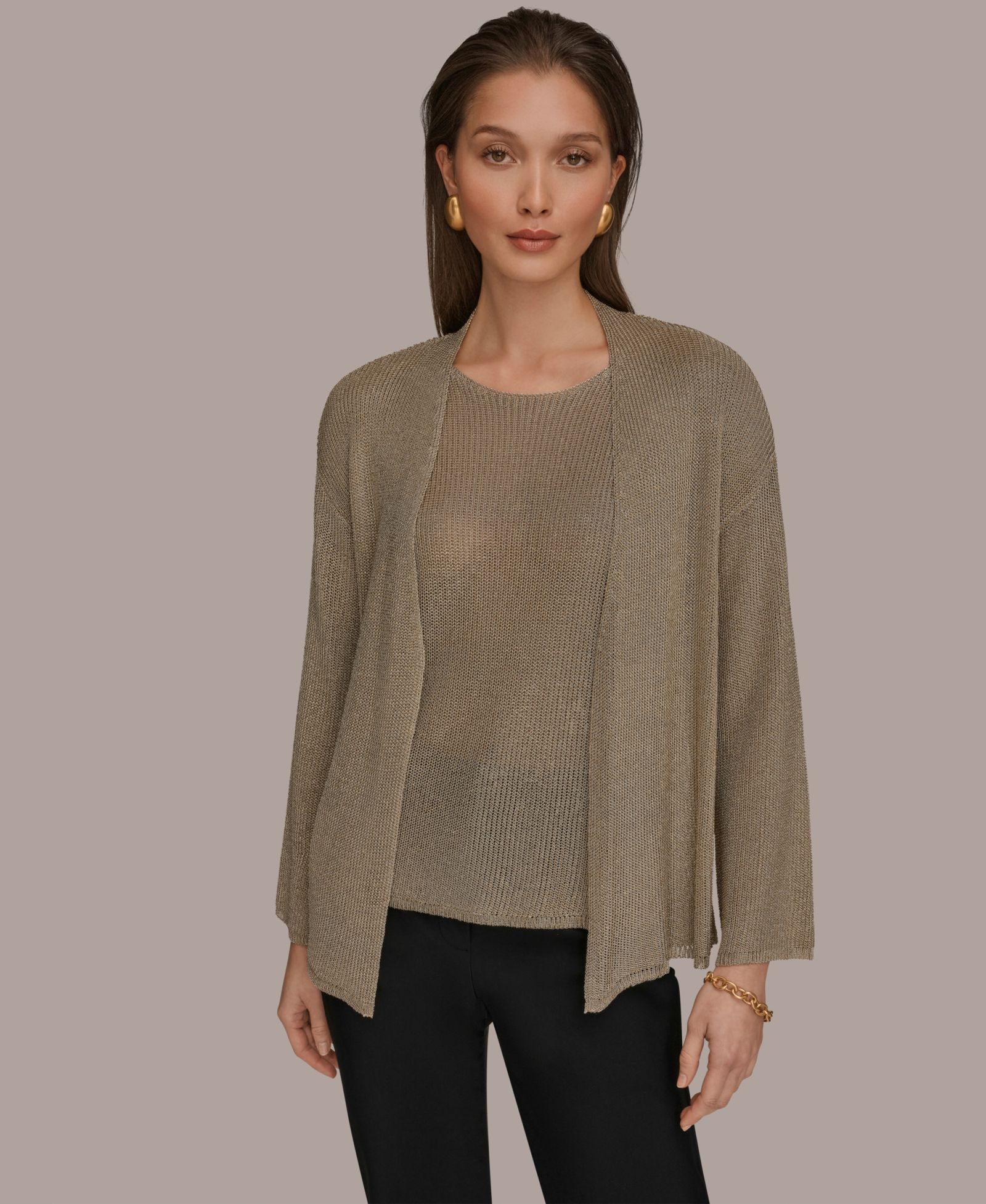 Donna Karan New York Women's Metallic Open-Front Long-Sleeve Cardigan