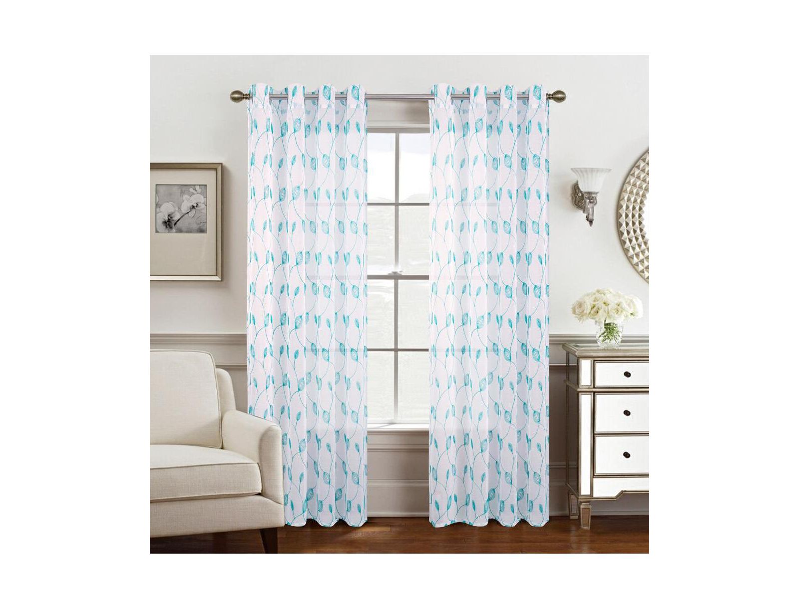 RT Designers Collection Ramallah Krista Embroidered Grommet Curtain Panel - 54x90", White/Teal
